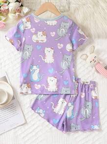 Young Girl Lettuce Edge Cute Cat Printed Home Suit