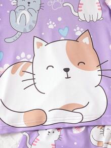 Young Girl Lettuce Edge Cute Cat Printed Home Suit