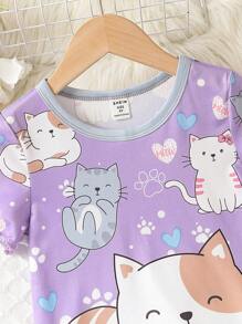 Young Girl Lettuce Edge Cute Cat Printed Home Suit