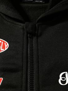 青少年女孩字母圖案拉鏈開襟連帽加絨內裏運動衫