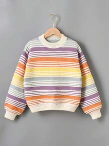 SHEIN 女大童塊狀條紋圖案落肩袖套頭毛衣 - 彩色 - 查看 1