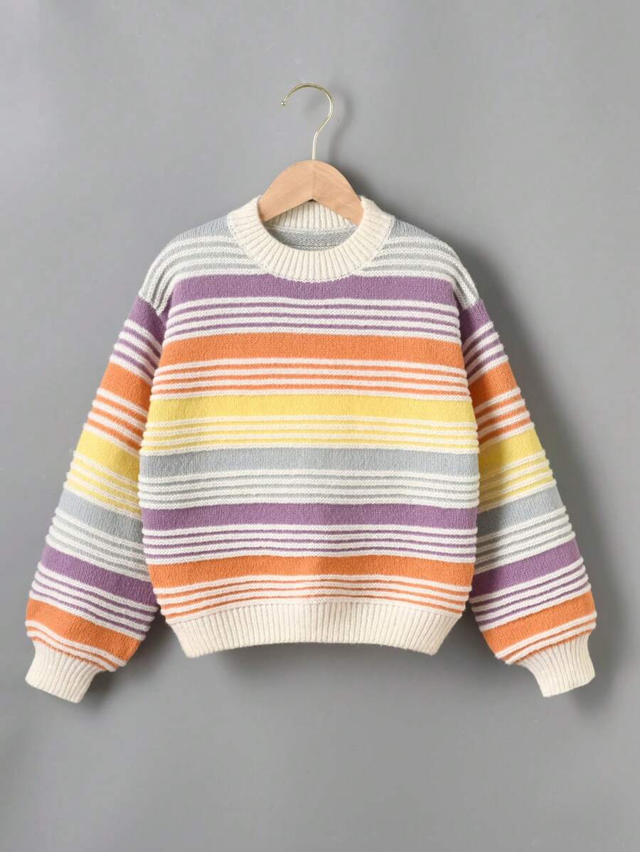SHEIN 女大童塊狀條紋圖案落肩袖套頭毛衣 - 彩色 - 查看 1