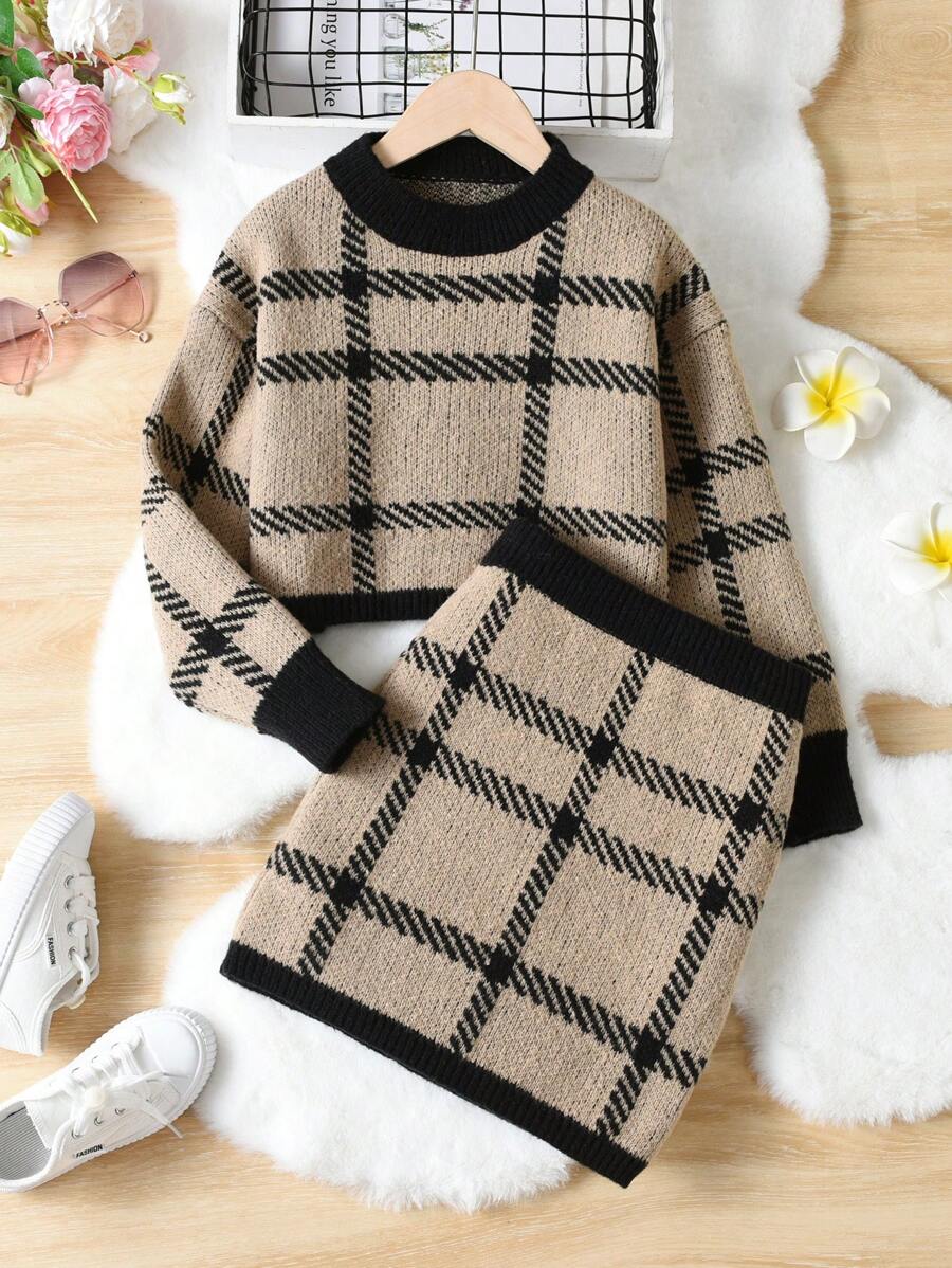 SHEIN Sparklyn 女大童格紋圖案拼接邊毛衣和針織裙