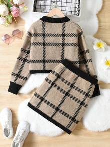 SHEIN Sparklyn 女大童格紋圖案拼接邊毛衣和針織裙