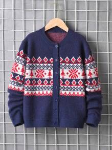 Tween Boy Geo Pattern Button Front Cardigan - Blue - View 1