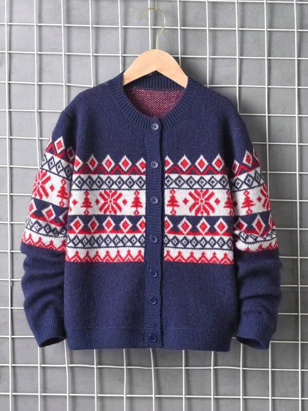 Tween Boy Geo Pattern Button Front Cardigan