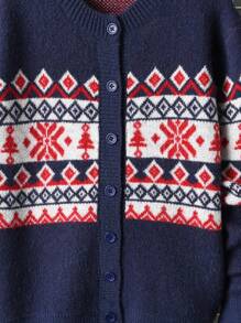 Tween Boy Geo Pattern Button Front Cardigan - Blue - View 6