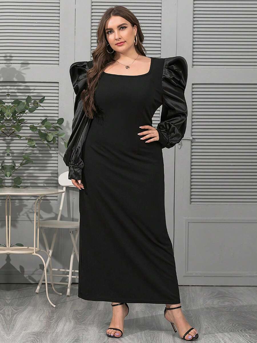 Hơn Cổ vuông Ống tay áo Đầm - màu đen - Xem 1