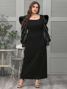 Hơn Cổ vuông Ống tay áo Đầm - màu đen - Xem 3