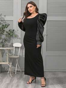 Hơn Cổ vuông Ống tay áo Đầm - màu đen - Xem 4