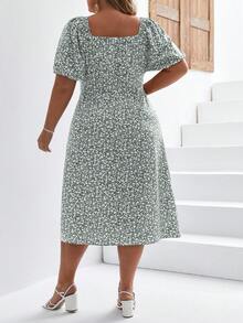 SHEIN Frenchy Plus Ditsy Floral Print Knot Front Split Thigh Dress - Green - View 2