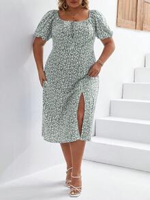SHEIN Frenchy Plus Ditsy Floral Print Knot Front Split Thigh Dress - Green - View 3