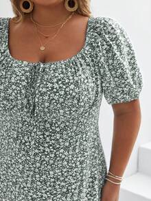 SHEIN Frenchy Plus Ditsy Floral Print Knot Front Split Thigh Dress - Green - View 4