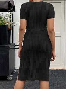 SHEIN Bộ đồ hai mảnh Bà bầu Nút Nhẫn Gân đan Tách cao màu trơn Giải trí - màu đen - Xem 2