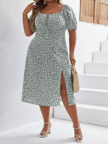 SHEIN Frenchy Plus Ditsy Floral Print Knot Front Split Thigh Dress - Green - View 6