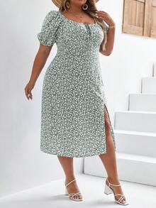 SHEIN Frenchy Plus Ditsy Floral Print Knot Front Split Thigh Dress - Green - View 7