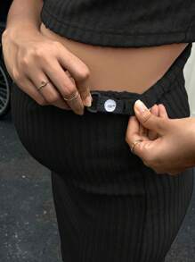 SHEIN Bộ đồ hai mảnh Bà bầu Nút Nhẫn Gân đan Tách cao màu trơn Giải trí - màu đen - Xem 6