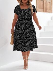 SHEIN Frenchy Plus Size Boho Heart Print Button Front Dress, For Summer/Valentine's Day - Black - View 3