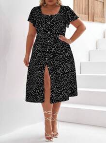 SHEIN Frenchy Plus Size Boho Heart Print Button Front Dress, For Summer/Valentine's Day - Black - View 4