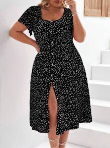 SHEIN Frenchy Plus Size Boho Heart Print Button Front Dress, For Summer/Valentine's Day - Black - View 5