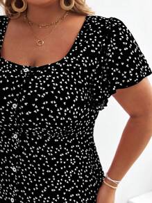SHEIN Frenchy Plus Size Boho Heart Print Button Front Dress, For Summer/Valentine's Day - Black - View 6