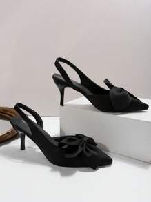秋冬女士尖头露跟高跟鞋，时尚缎面蝴蝶结装饰细跟，百搭，春夏皆宜，优雅，猫跟，派对鞋 - 黑色 - 查看 6