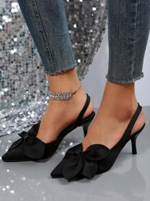 秋冬女士尖头露跟高跟鞋，时尚缎面蝴蝶结装饰细跟，百搭，春夏皆宜，优雅，猫跟，派对鞋 - 黑色 - 查看 9