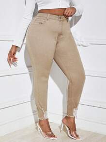 SHEIN Frenchy 大碼高腰破洞毛邊緣緊身牛仔褲 - 卡其色 - 查看 3