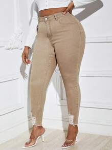 SHEIN Frenchy 大碼高腰破洞毛邊緣緊身牛仔褲 - 卡其色 - 查看 5