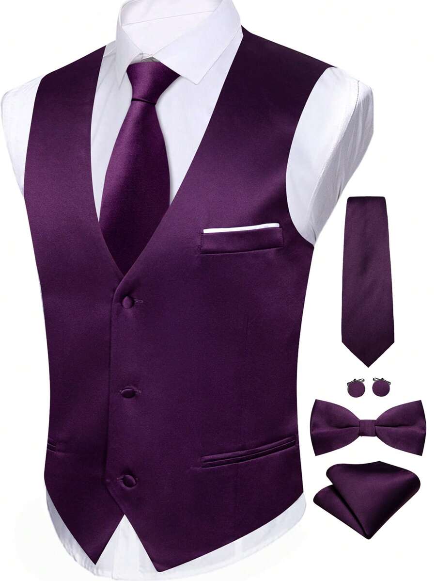 Men Button Through Waistcoat - Purple - View 1
