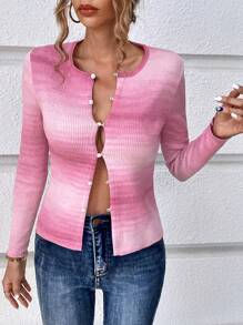 SHEIN Essnce 漸層前紐扣條紋針織開襟衫 - 粉色 - 查看 1