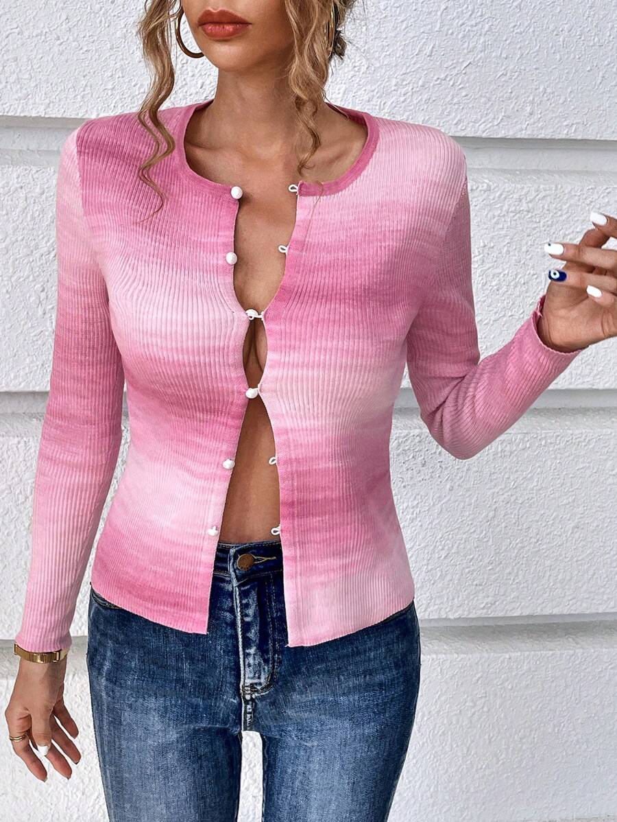 SHEIN Essnce 漸層前紐扣條紋針織開襟衫 - 粉色 - 查看 1