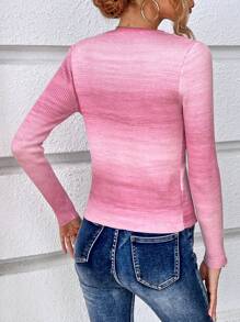 SHEIN Essnce 漸層前紐扣條紋針織開襟衫 - 粉色 - 查看 2