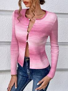 SHEIN Essnce 漸層前紐扣條紋針織開襟衫 - 粉色 - 查看 3