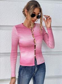 SHEIN Essnce 漸層前紐扣條紋針織開襟衫 - 粉色 - 查看 4