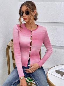 SHEIN Essnce 漸層前紐扣條紋針織開襟衫 - 粉色 - 查看 5