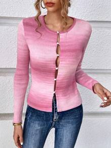 SHEIN Essnce 漸層前紐扣條紋針織開襟衫 - 粉色 - 查看 6