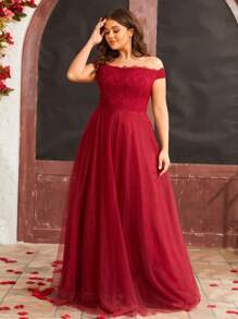 Plus Off Shoulder Lace Bodice Mesh Bridesmaid Dress
