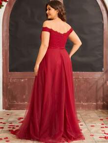 Plus Off Shoulder Lace Bodice Mesh Bridesmaid Dress