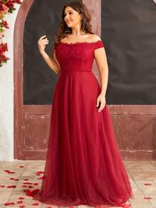 Plus Off Shoulder Lace Bodice Mesh Bridesmaid Dress
