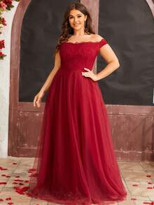 Plus Off Shoulder Lace Bodice Mesh Bridesmaid Dress