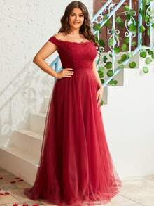 Plus Off Shoulder Lace Bodice Mesh Bridesmaid Dress