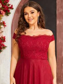 Plus Off Shoulder Lace Bodice Mesh Bridesmaid Dress