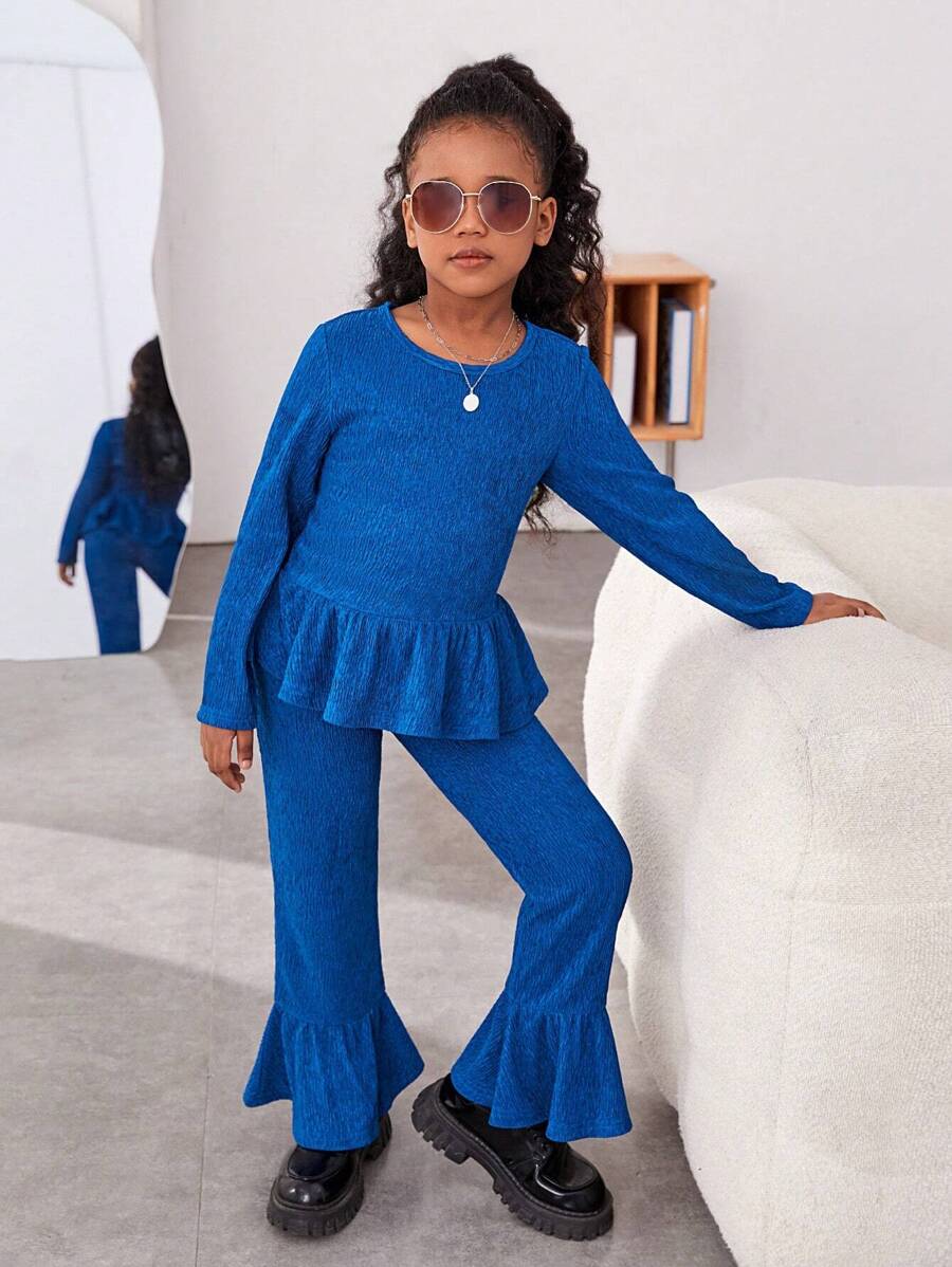 SHEIN Tween Girl Ruffle Hem Top & Flare Leg Pants - Blue - View 1