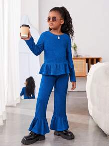 SHEIN Tween Girl Ruffle Hem Top & Flare Leg Pants - Blue - View 3