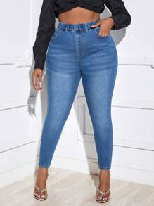 SHEIN SXY Hơn Cao eo Quần jean ôm - Rửa tối - Xem 2