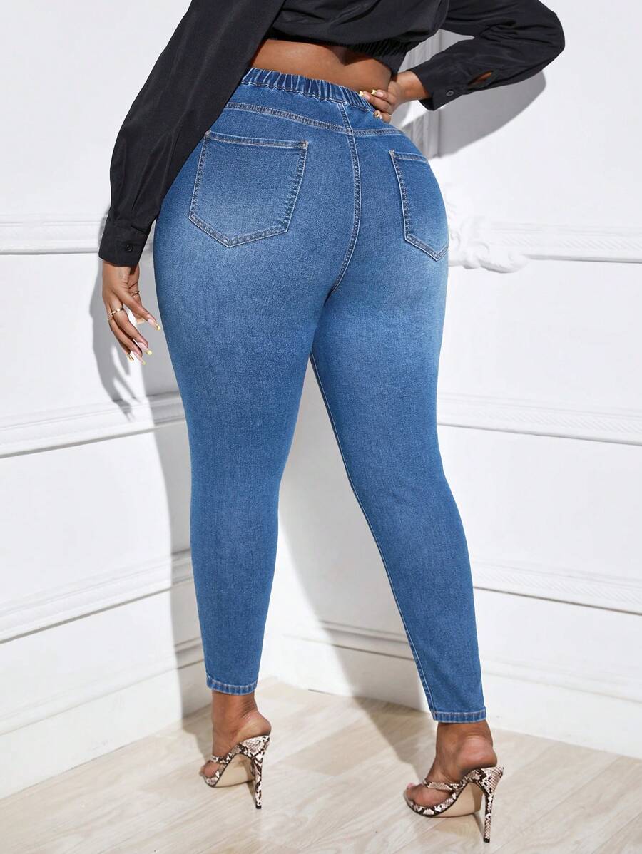 SHEIN SXY Hơn Cao eo Quần jean ôm - Rửa tối - Xem 1