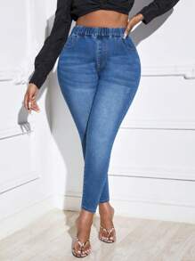 SHEIN SXY Hơn Cao eo Quần jean ôm - Rửa tối - Xem 3