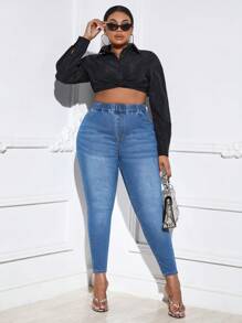 SHEIN SXY Hơn Cao eo Quần jean ôm - Rửa tối - Xem 4