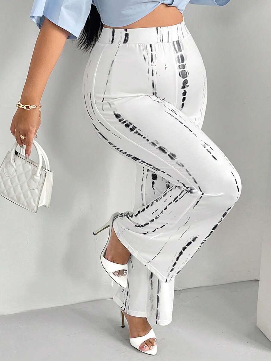 SHEIN SXY Plus Tie Dye Flare Leg Trousers - White - View 1